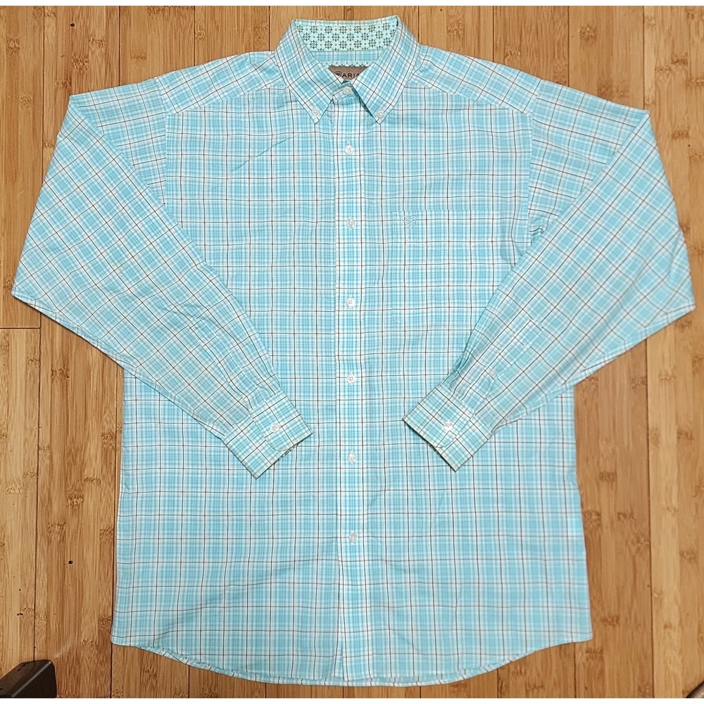 Ariat Wrinkle Free Shirt Men's M Western Button Up Floral Blue Plaid Flip Cuff